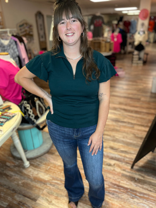 Forest Green Quarter Zip With Flutter Sleeves