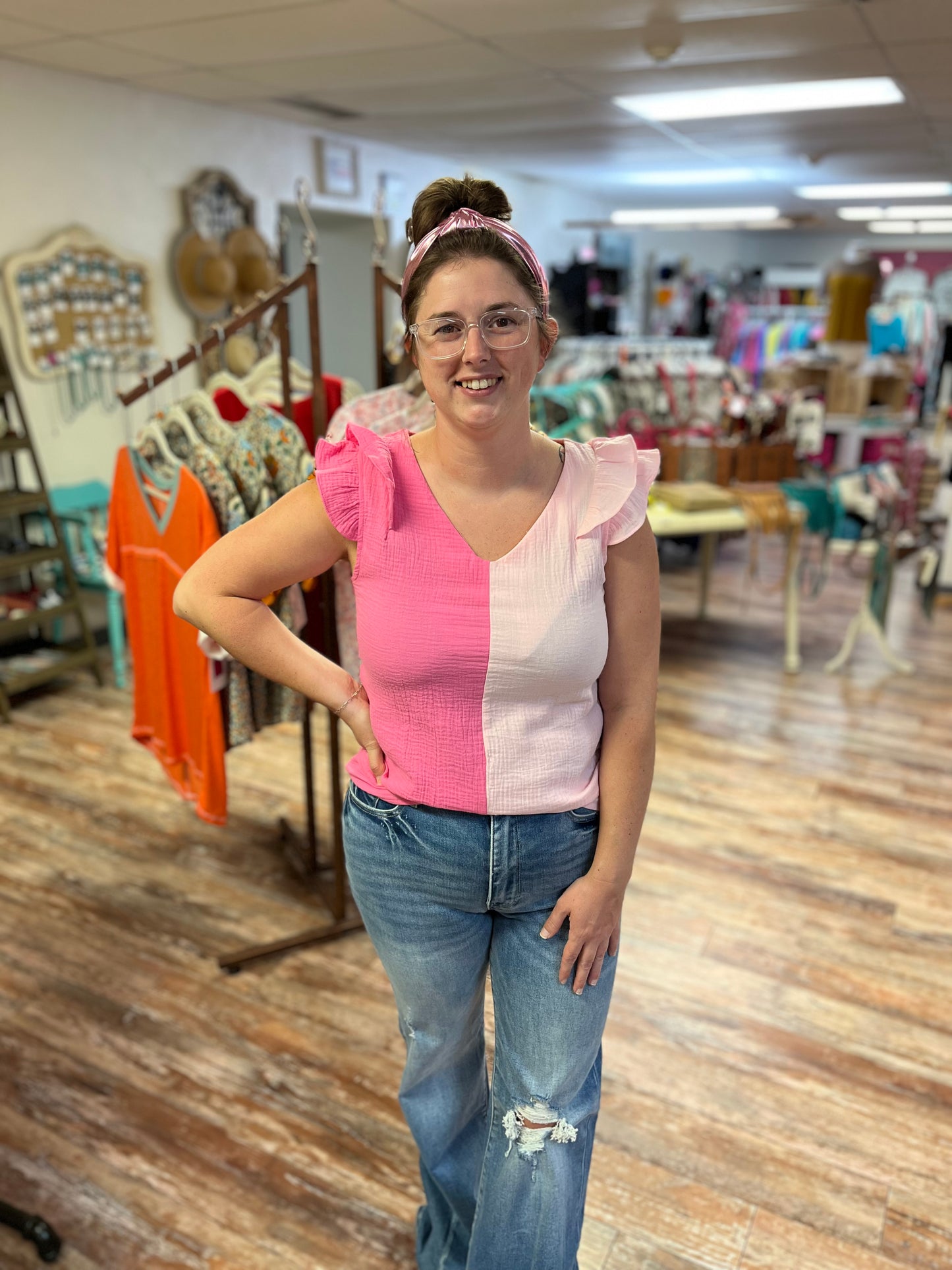 Pink Textured Color Block Tiered Ruffled Sleeve Blouse