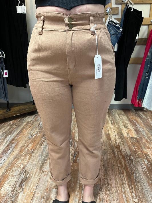 Petra High Rise Paper Bag Mom Jeans w/Elastic Band