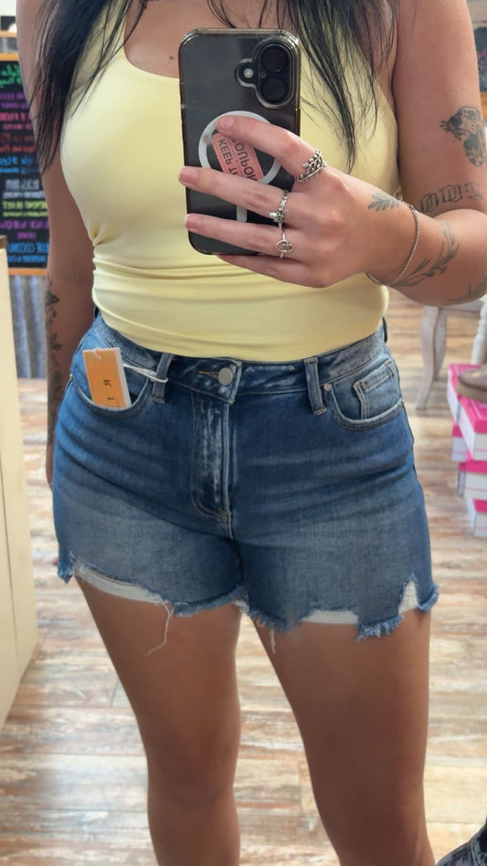 Risen High Rise Dark Distressed Shorts