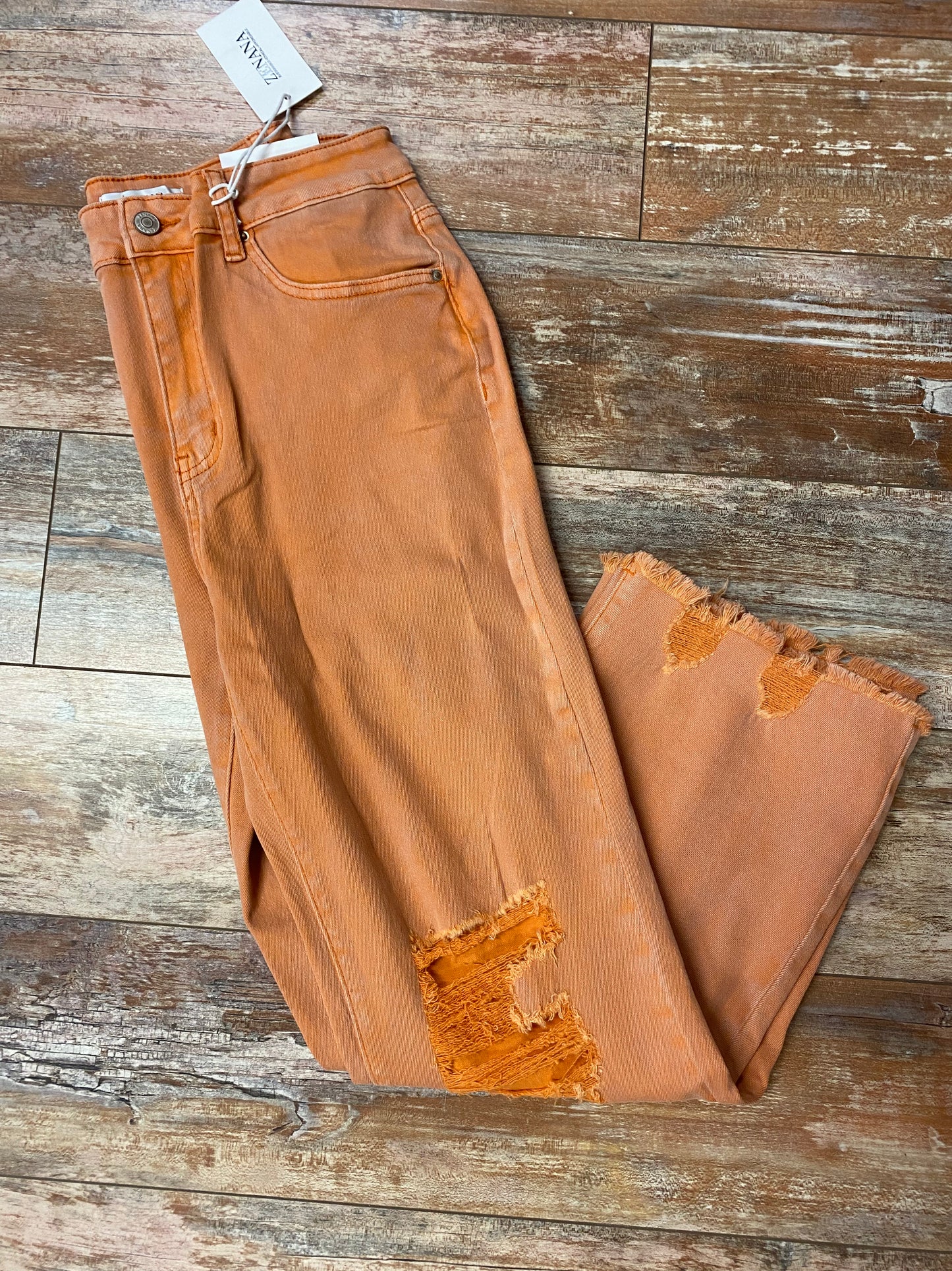 Orange Acid Wash High Waist Distressed Straight Pants