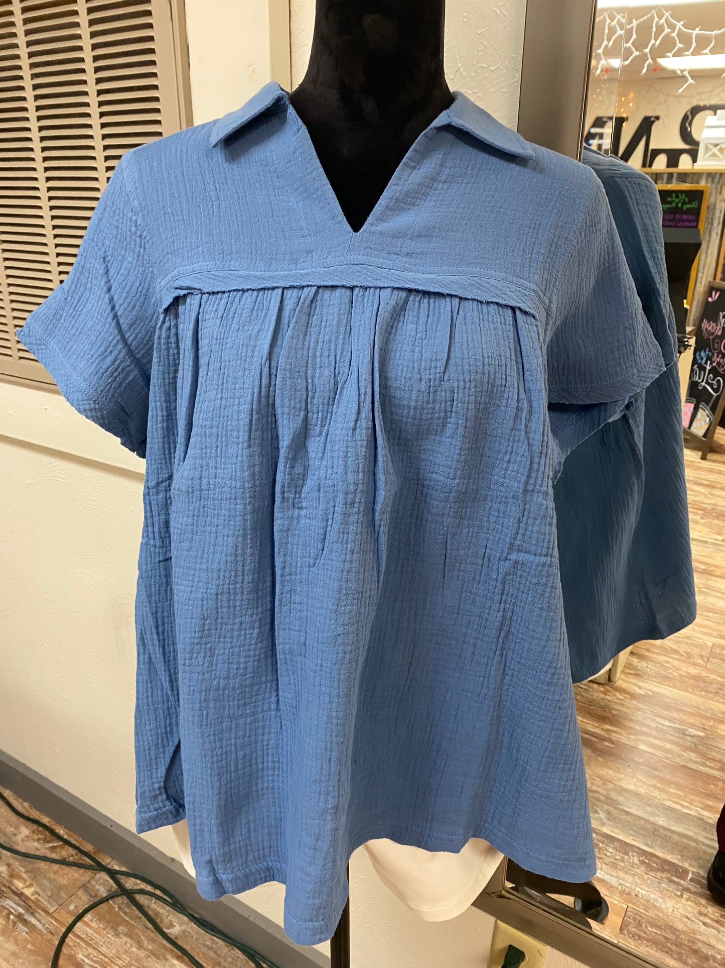 Denim Gauze V-Cut Short Sleeve Top
