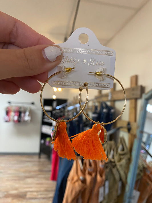 Loop Earrings With Orange Tassels