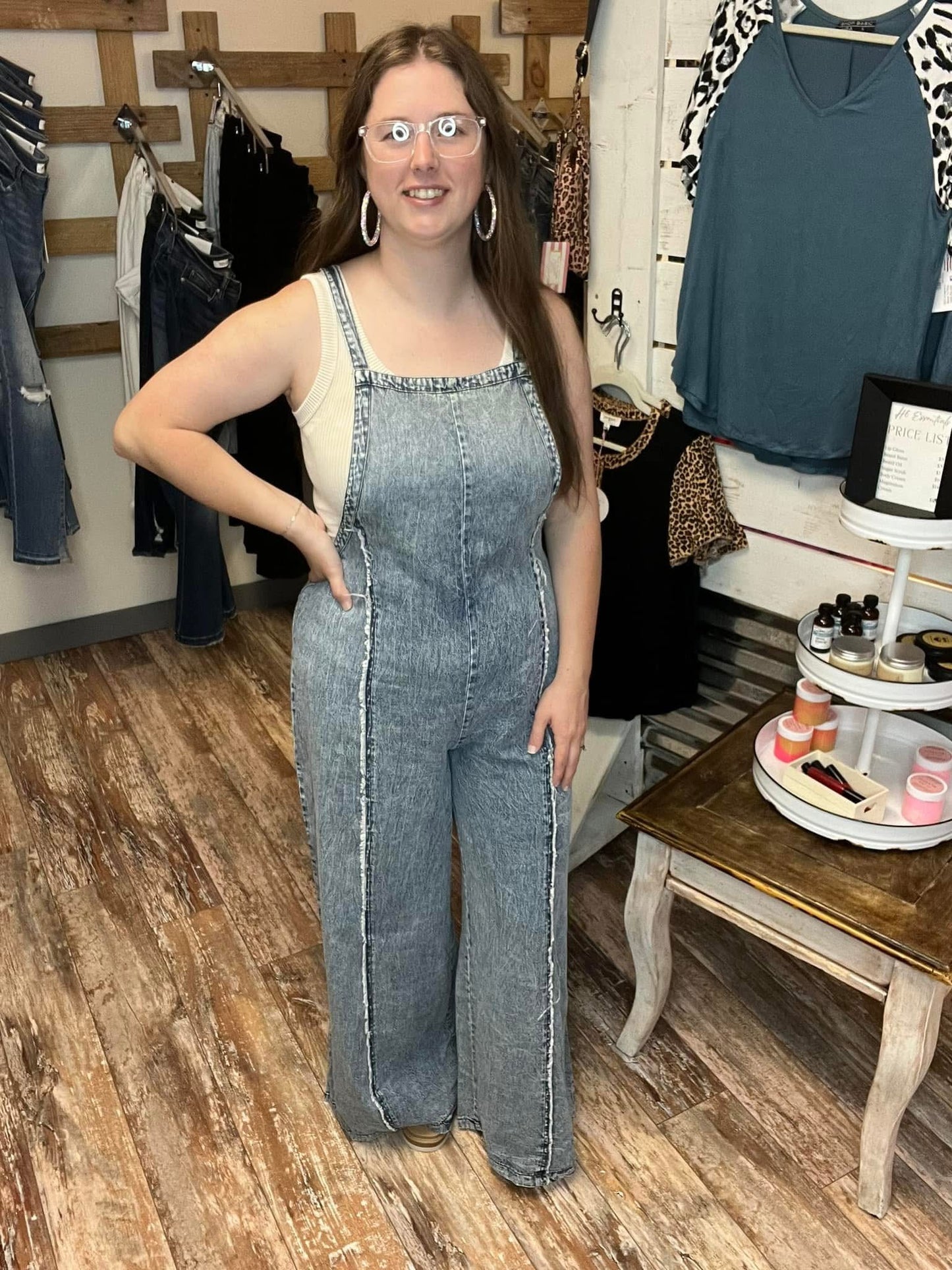 Light Wash Frayed Wide Leg Denim Overalls