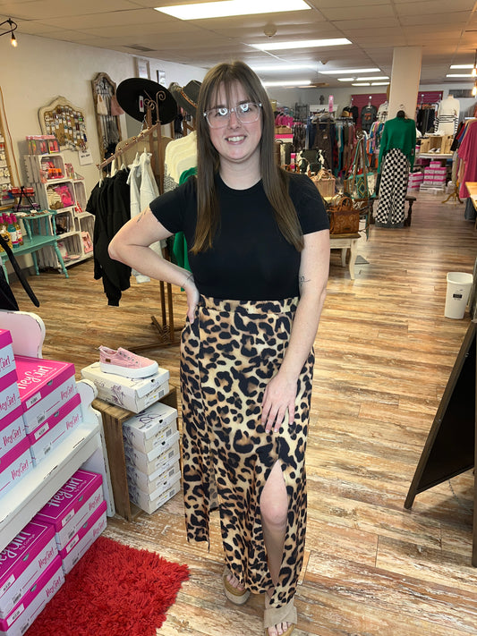 Brown Leopard Side Slit Midaxi Skirt