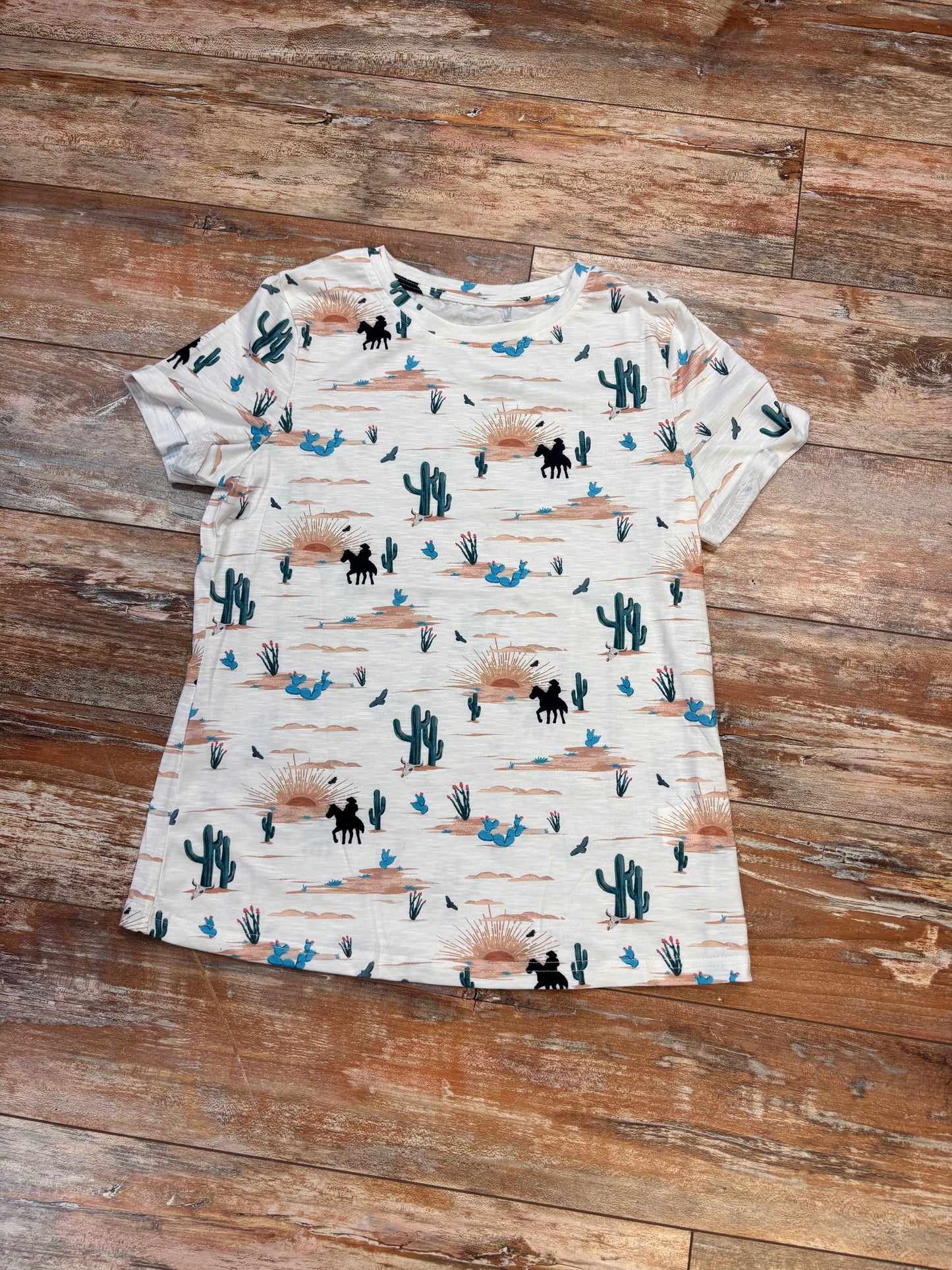 Beige Western Cactus Print Short Sleeve Top