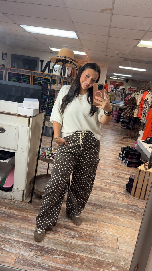 Brown Polka Dot Wide Leg Cargo Pants