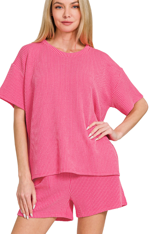 Zenana Raised Ribbed Short Sleeve Tee & Shorts Set