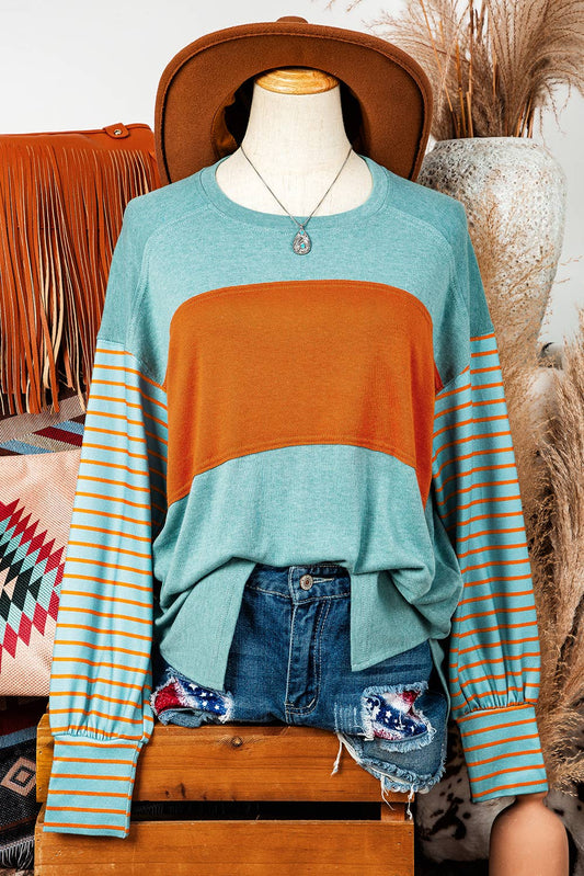 Colorblock Striped Bishop Sleeve Top