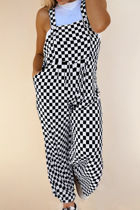 Checkered Print Pocketed Wide Leg Jumpsuit