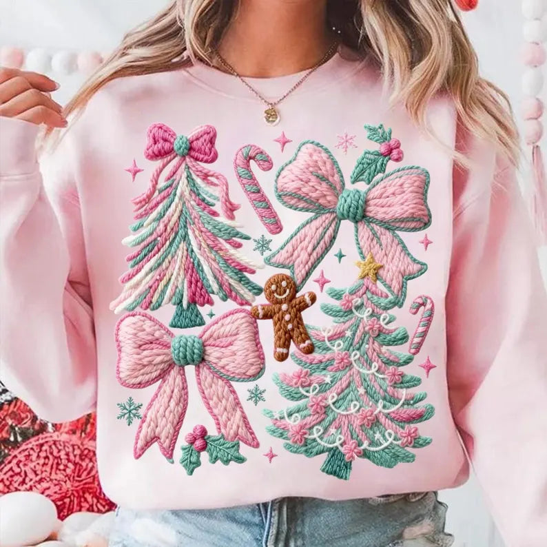 Faux Yarn Trees & Bows Tee Or Pullover