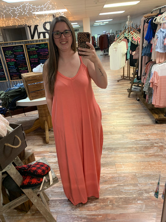 Coral V-Neck Cami Maxi Dress with Pockets