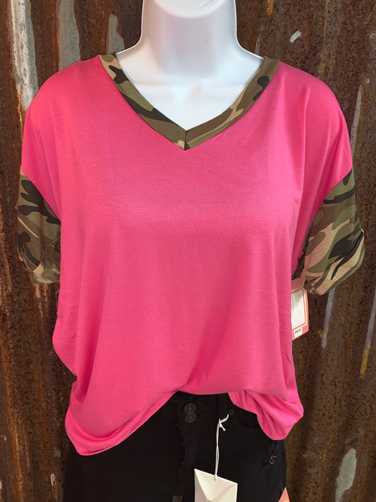 Solid Pink and Camo Sleeve Top